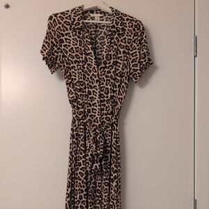H&M Leopard Print Maxi Shirt Dress in Beige and Black, S